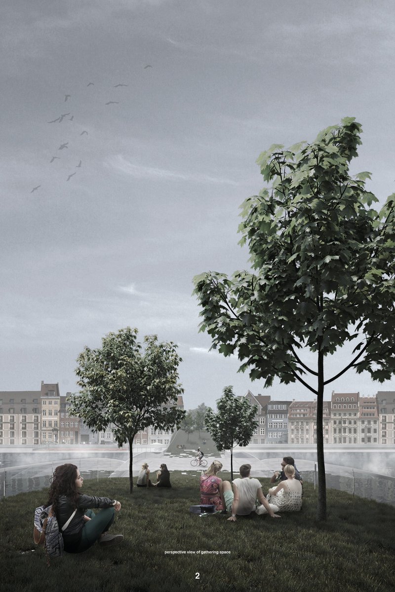 Green rooftop landscape transforms the bridge into a social park overlooking the river.
