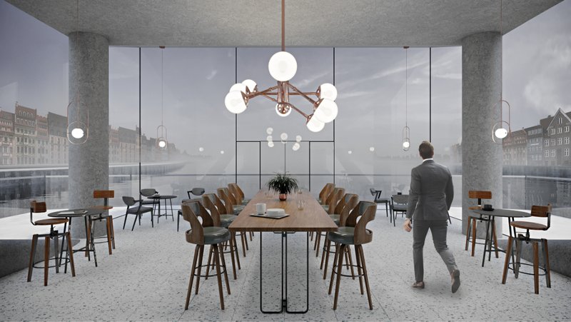 Integrated café space framed by panoramic river views within the bridge structure.