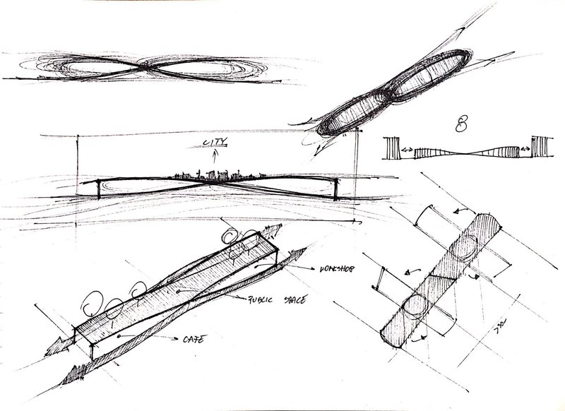 Early design sketches exploring the rotating mechanism, public space integration, and green roof concept.&nbsp;