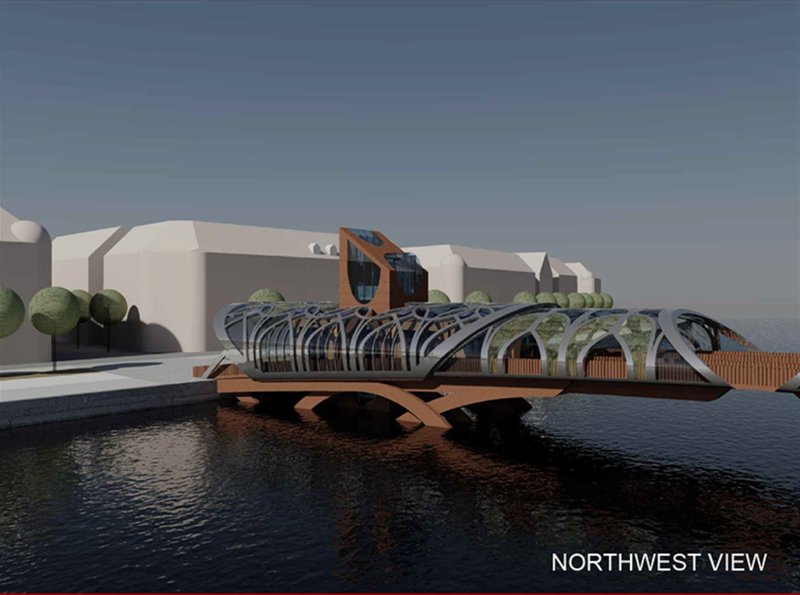 Northwest perspective highlighting the corten steel towers and elliptical arch shell.
