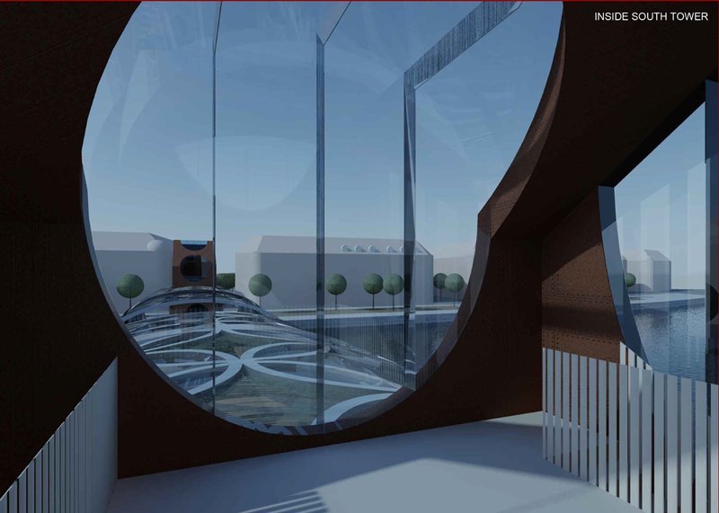 Interior view from the south tower framing the covered agora and cycling corridor.