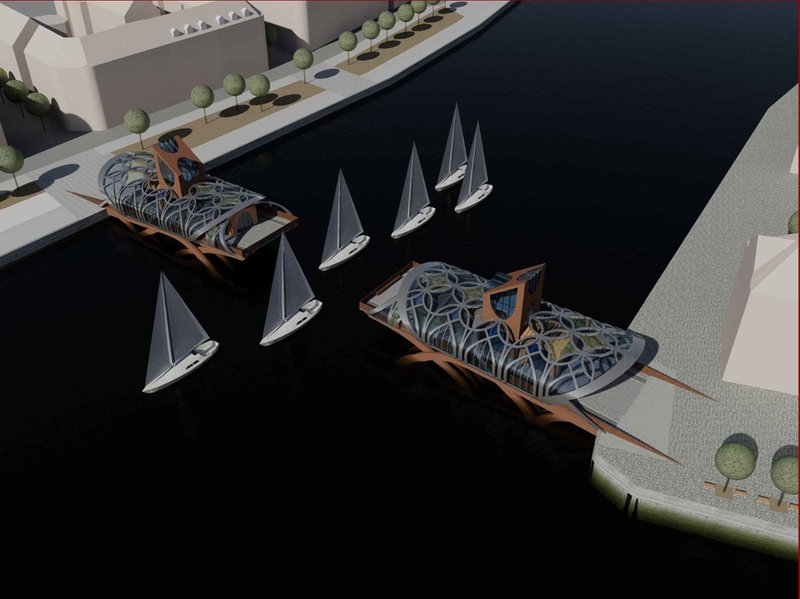 Southwest elevation revealing the telescopic bridge structure and flowing deck.