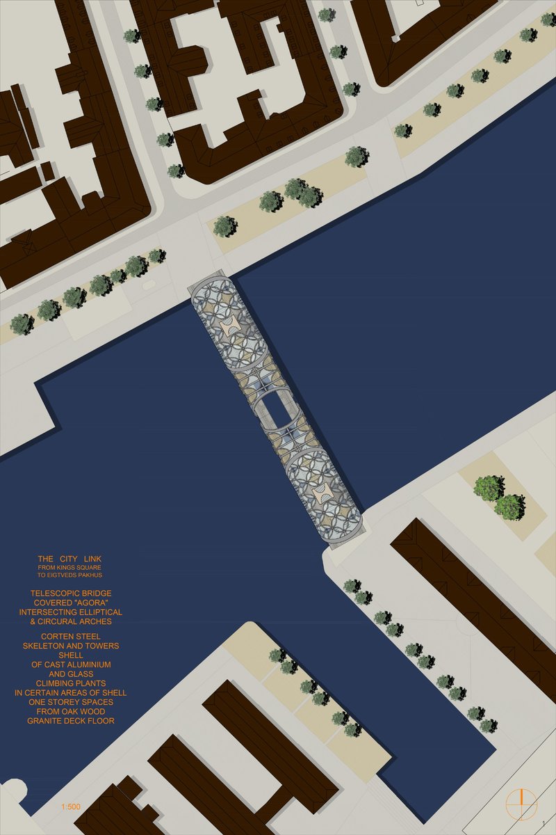 Master plan showing The City Link bridging Copenhagen’s harbor between historic riverbanks.