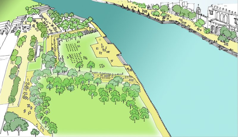Proposed revitalized ghat landscape integrating open greens, gathering spaces, and continuous waterfront promenades.