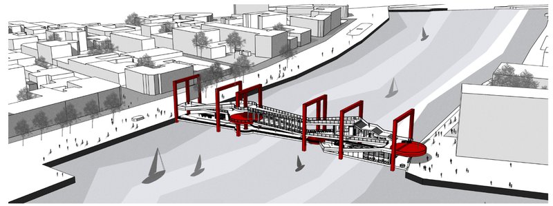 An aerial view reveals the bridge as a dynamic urban connector between two city edges.