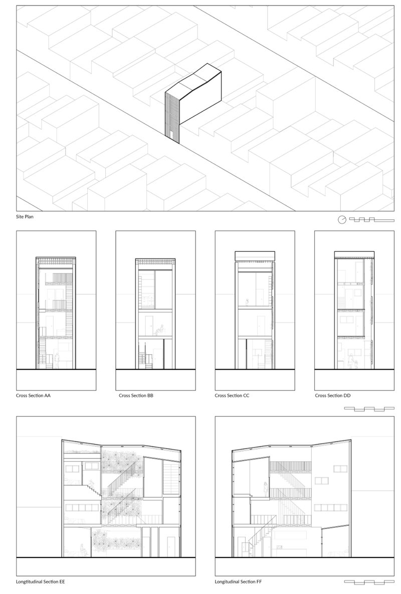 A narrow urban infill home articulated through vertical circulation and integrated light wells.