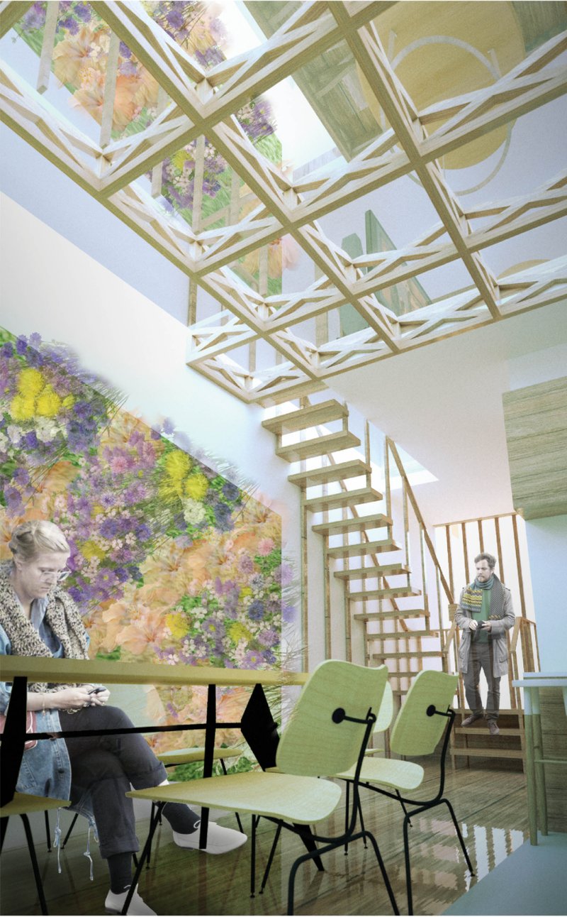 Sunlight cascades through a timber lattice ceiling, connecting floors through openness and nature.&nbsp;