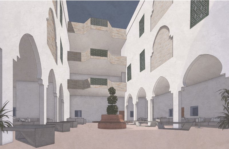 Shaded arcaded courtyard creating a calm, semi-open gathering space within the residential block.