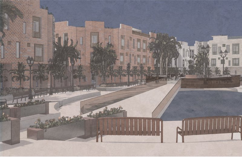 Palm-lined central courtyard designed for social interaction, walking paths, and outdoor recreation.