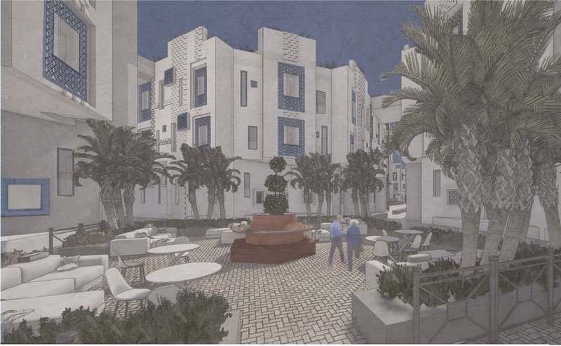 Smaller communal yard fostering daily interaction, seating areas, and peer connection among residents.