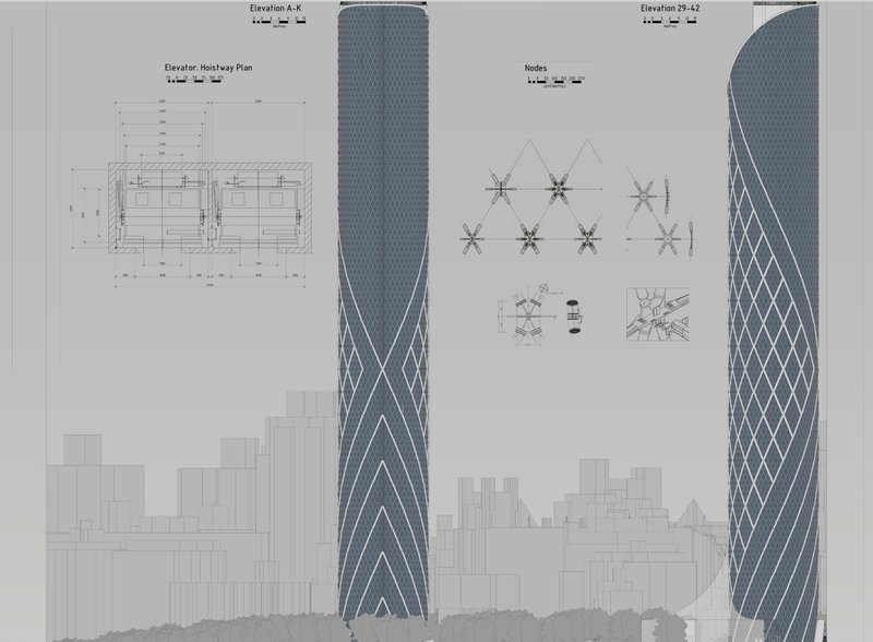 Diagrid structural system and elevation studies illustrating the tower’s wind-responsive geometry.