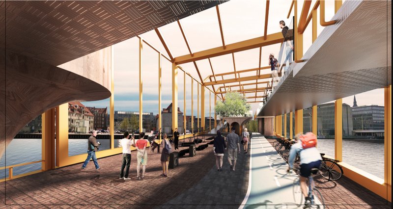 A dynamic interior promenade combining cycling infrastructure, social seating, and cultural activity within a contemporary Danish-inspired frame.