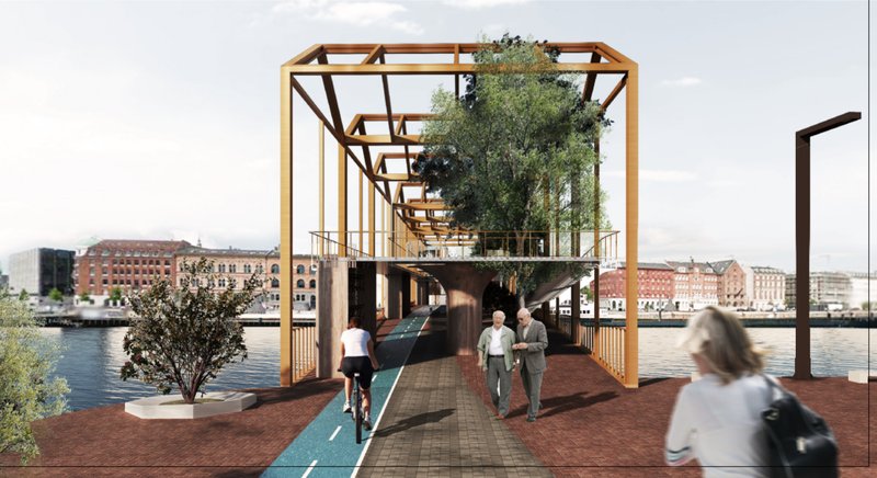 A timber-framed urban bridge integrating cycling lanes, pedestrian spaces, and elevated greenery along Copenhagen’s waterfront.