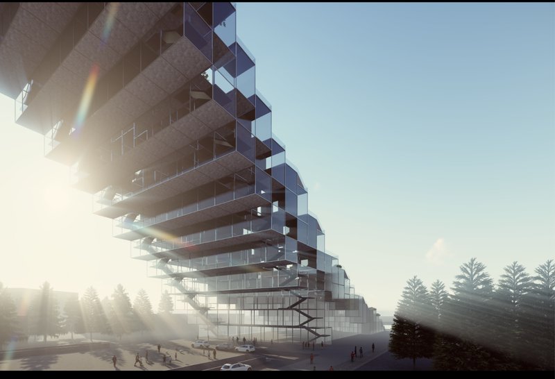 Stepped modular façade forming a transparent frame structure that maximizes daylight, views, and spatial layering.