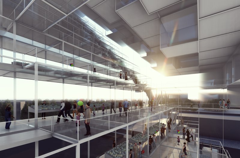 Elevated walkways and circulation decks creating visual connectivity across stacked restaurant modules.