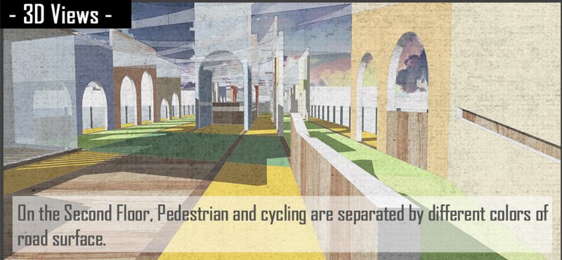Upper-level promenade with color-coded pedestrian and cycling lanes overlooking the river.
