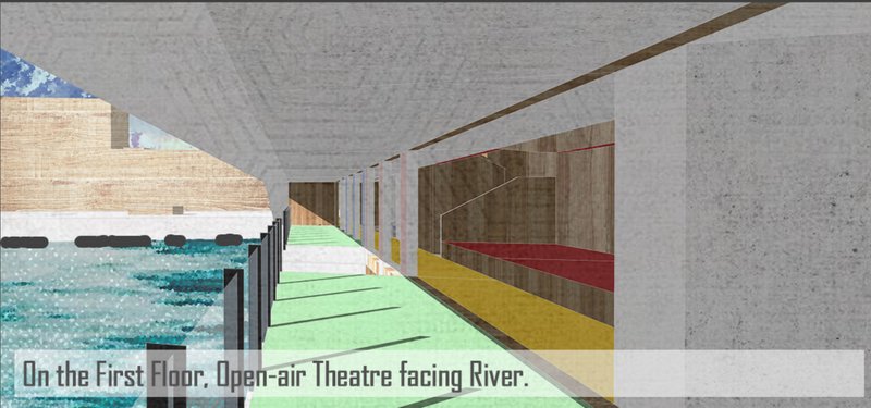 Open-air riverside theatre integrated into the lower level of the bridge.