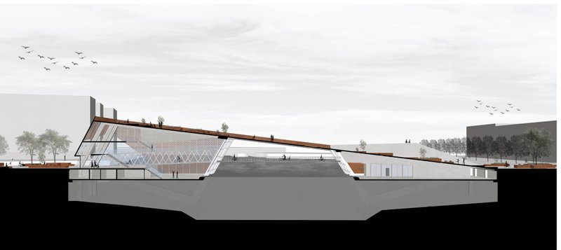 Sectional perspective illustrating the direct cycling route and the public roofscape above the harbour.