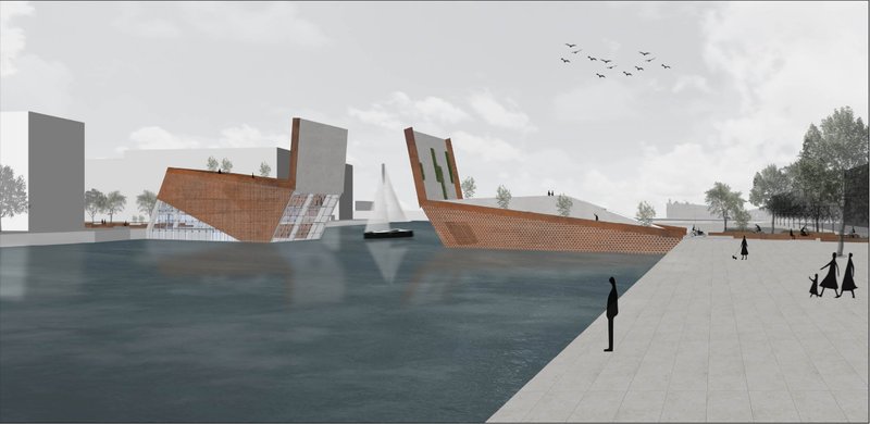 Waterfront view highlighting the perforated Corten façade and the bridge’s sculptural presence.