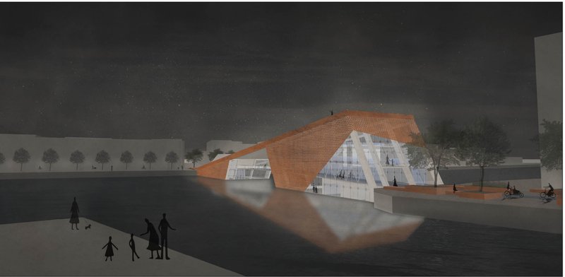 Night perspective of the illuminated structure reflecting across the harbour, redefining the skyline.