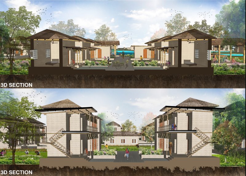 3D sectional perspective showcasing courtyard-based sustainable housing.
