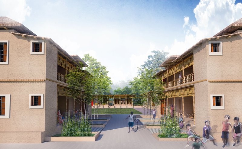 Central pedestrian spine connecting clustered housing blocks.