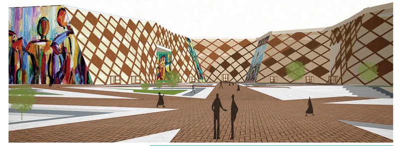 Central plaza perspective showcasing dynamic cultural architecture and public engagement.