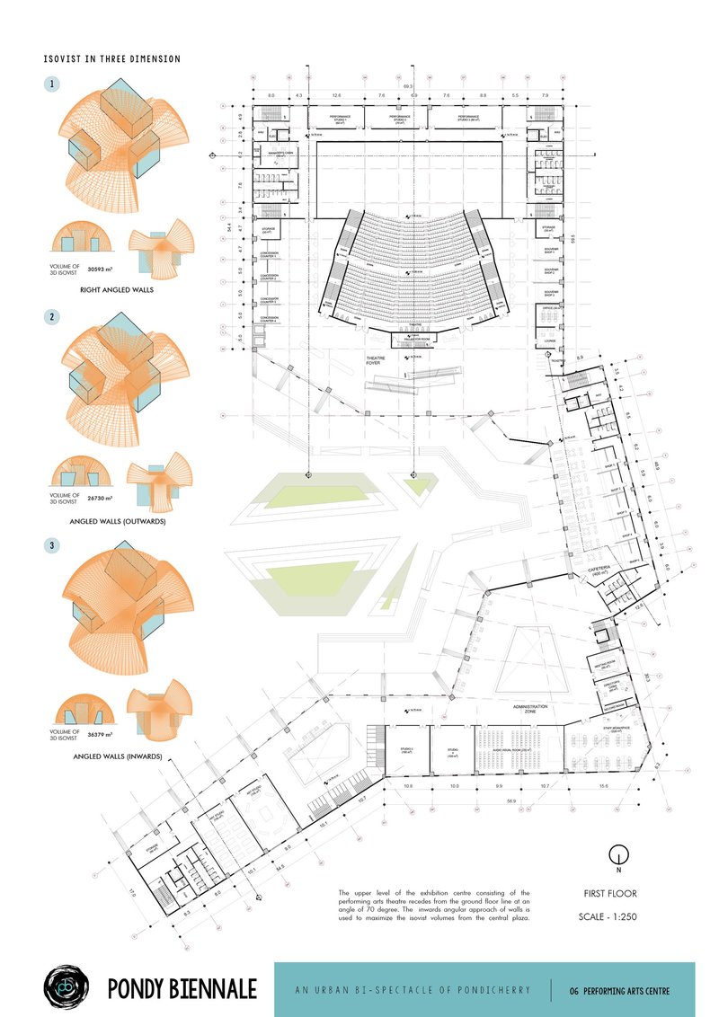 Performing Arts Centre first floor plan with three-dimensional isovist analysis.