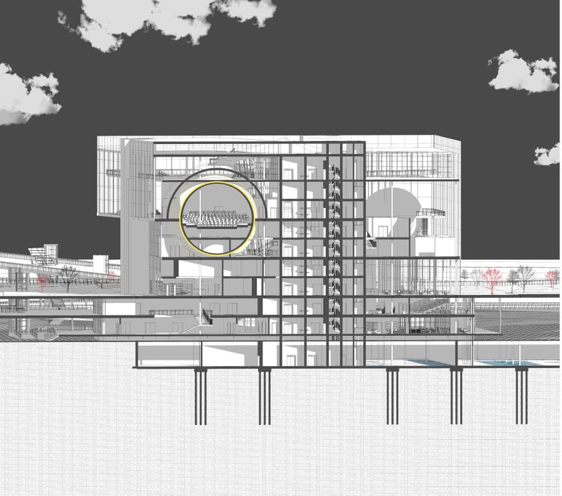 Sectional cut revealing the planetarium core and vertically connected public learning spaces.