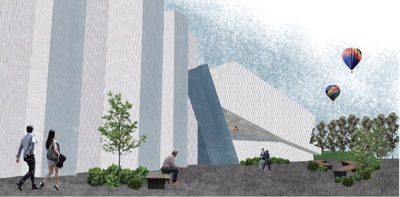 Green roof and sculptural façade create a civic gathering space within the urban landscape.