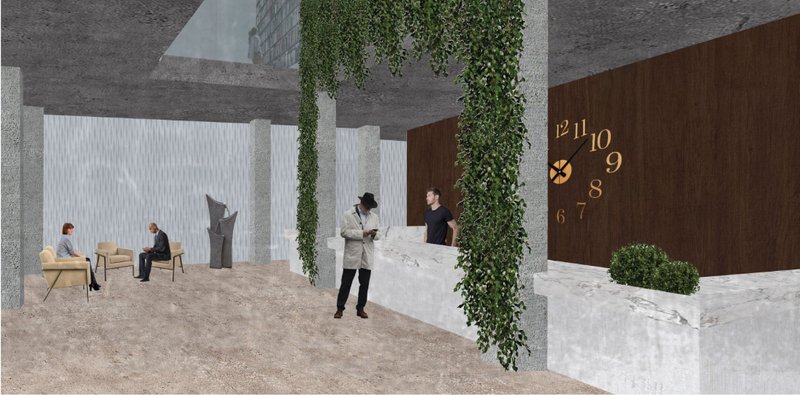 Raw concrete, warm wood, and vertical greenery define a calm and welcoming entrance.