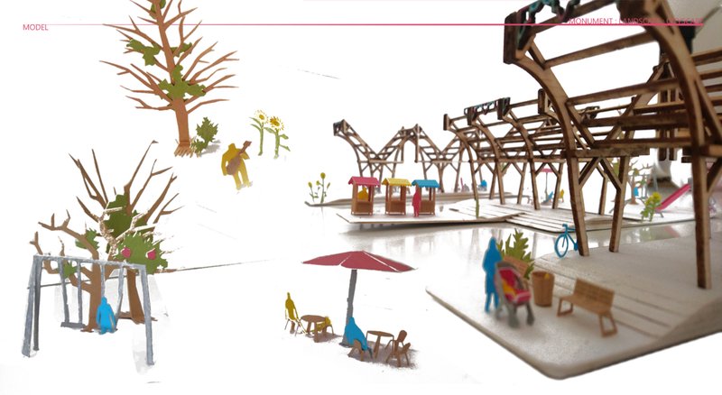 Physical model showing the wooden canopy structure activating public space with markets, play areas, and shaded gathering zones.