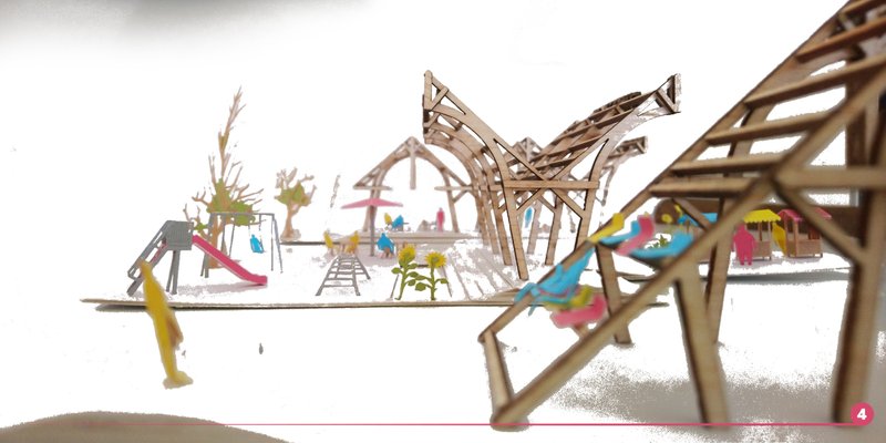 Urban landscape perspective illustrating the dynamic structural rhythm connecting playgrounds, kiosks, and social spaces.