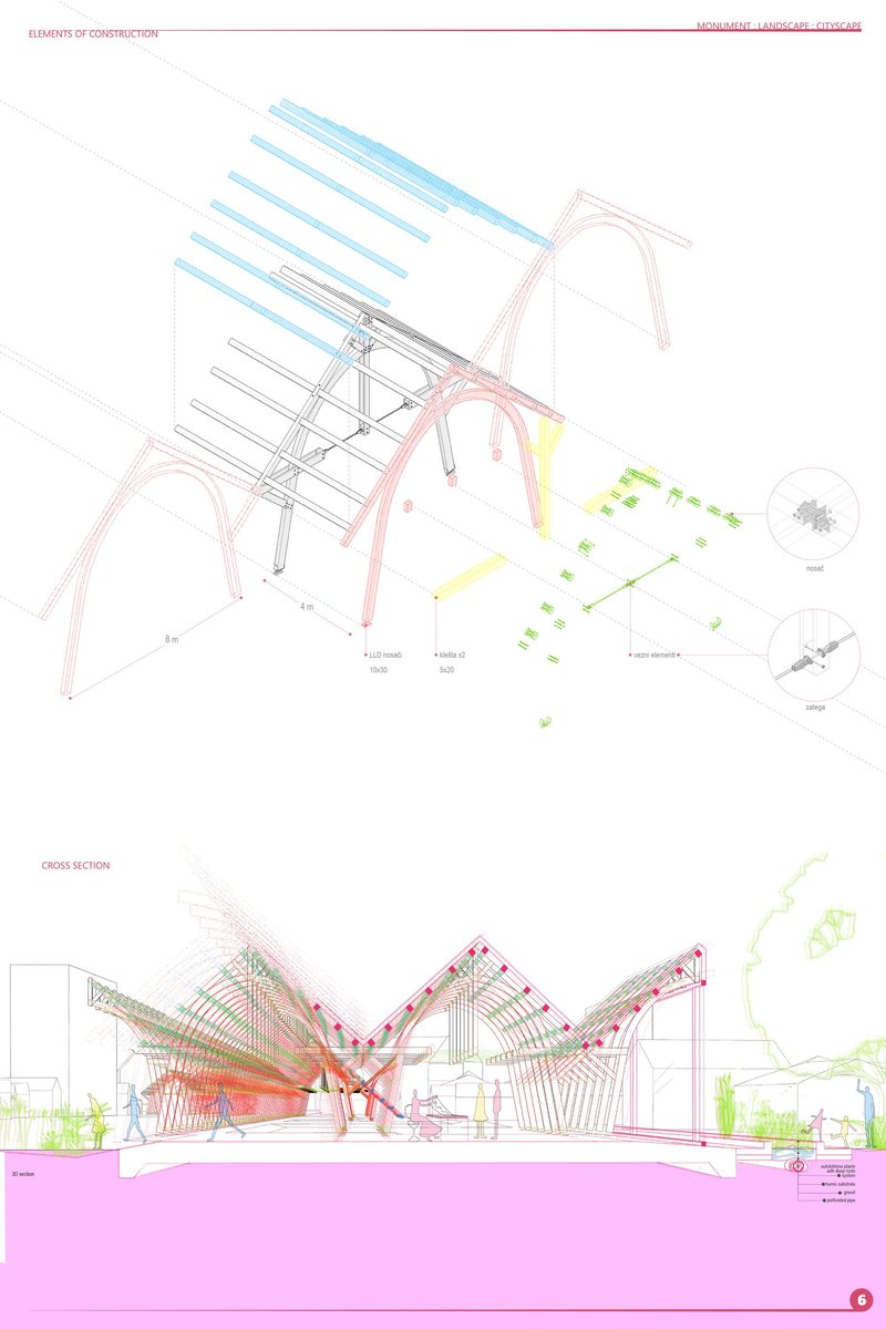 Cross-section highlighting spatial flow, structural geometry, and the integration of landscape and architecture.