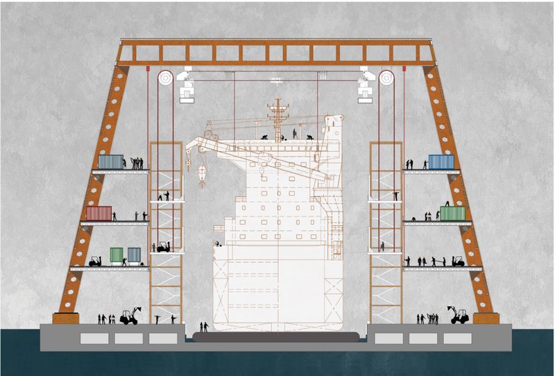 Section through the gantry-based ship recycling infrastructure.