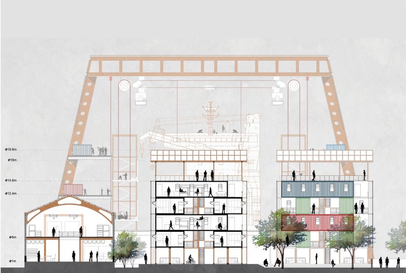 Integrated container housing and admin block in sectional elevation.