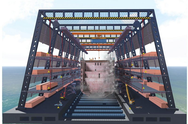 Interior perspective of the multi-level cutting structure with gantry cranes.