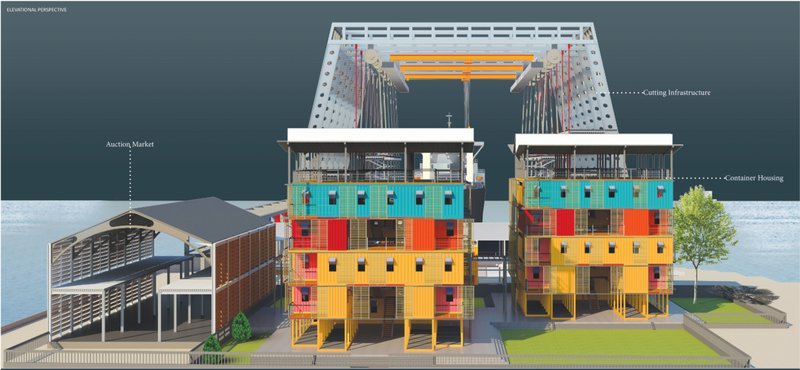 Elevational view showing cutting infrastructure and modular worker housing.