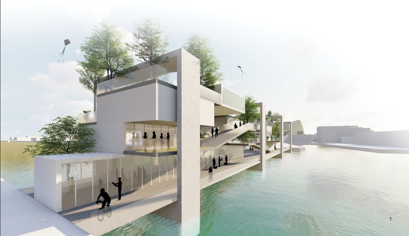 Floating volumes and layered ramps transform the cycling bridge into an active public waterfront space.