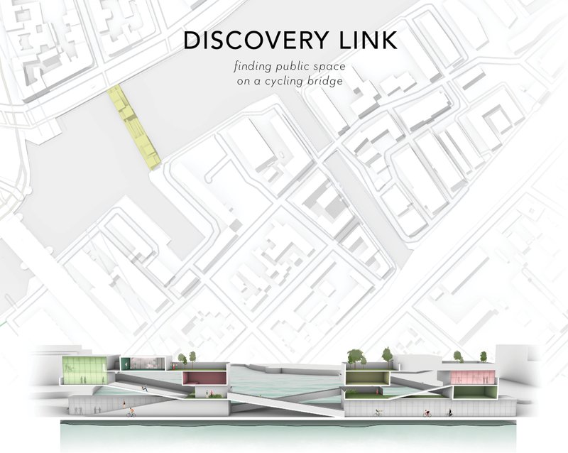Conceptual section and site plan reveal a multi-level bridge integrating movement, retail, and green terraces.