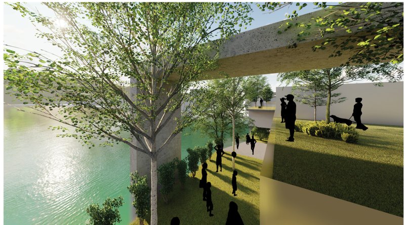 Terraced green spaces create moments of pause above the water, blending landscape with infrastructure.