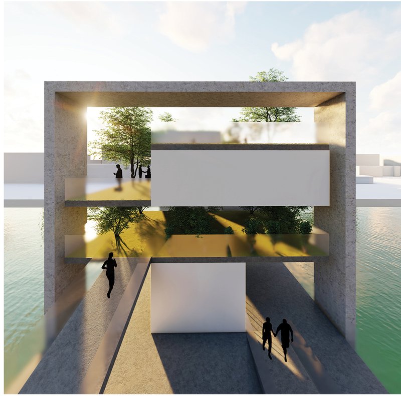 Framed concrete portals structure circulation while filtering light and views across the harbor.