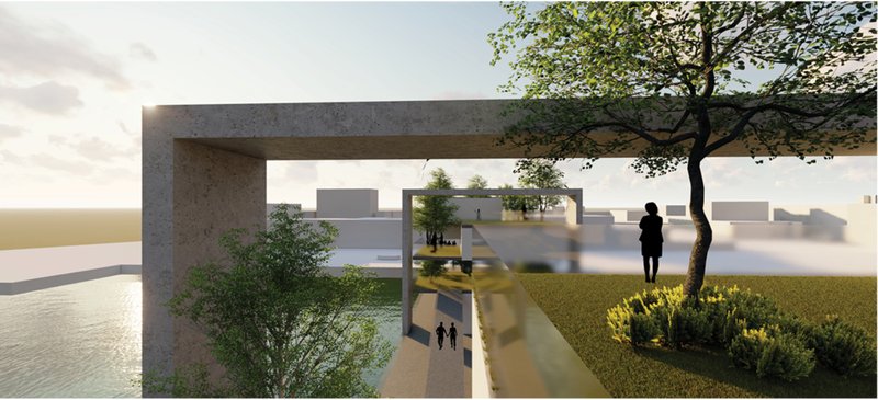Elevated garden platforms offer panoramic city views and spaces for reflection along the bridge.
