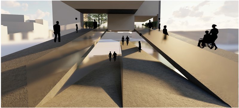 Split-level ramps separate fast and slow circulation, encouraging both commuting and lingering.