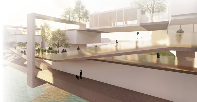 A dynamic layering of paths and volumes turns mobility infrastructure into a vibrant civic landmark.