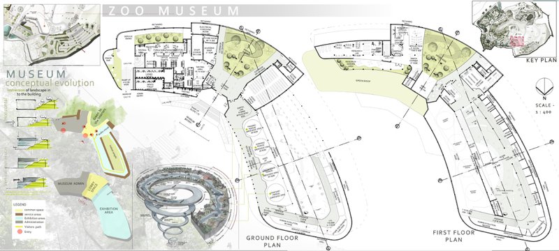 Spiral museum layout guiding visitors through evolutionary narratives.