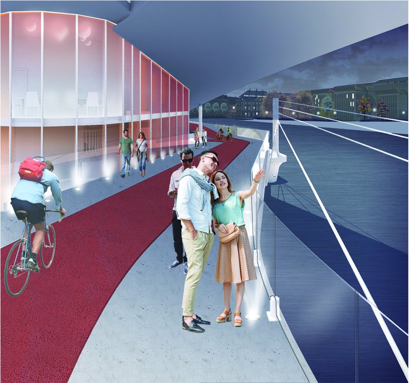 Evening view of the cycling bridge activating Copenhagen’s waterfront with layered pedestrian and bike pathways.