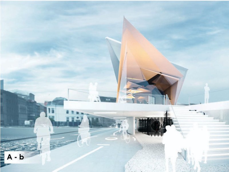 Sculptural café pavilion rising above the cycling deck, forming the architectural heart of ORI|GAMI.