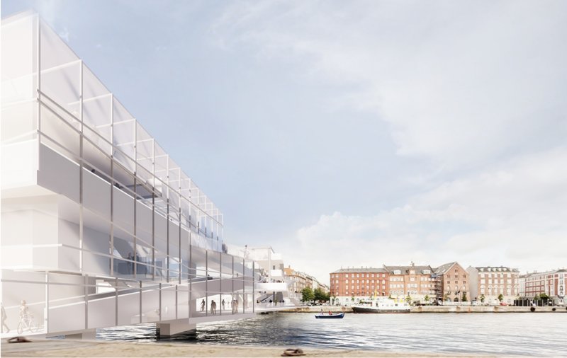 Waterfront elevation showcasing layered circulation for cyclists and pedestrians.