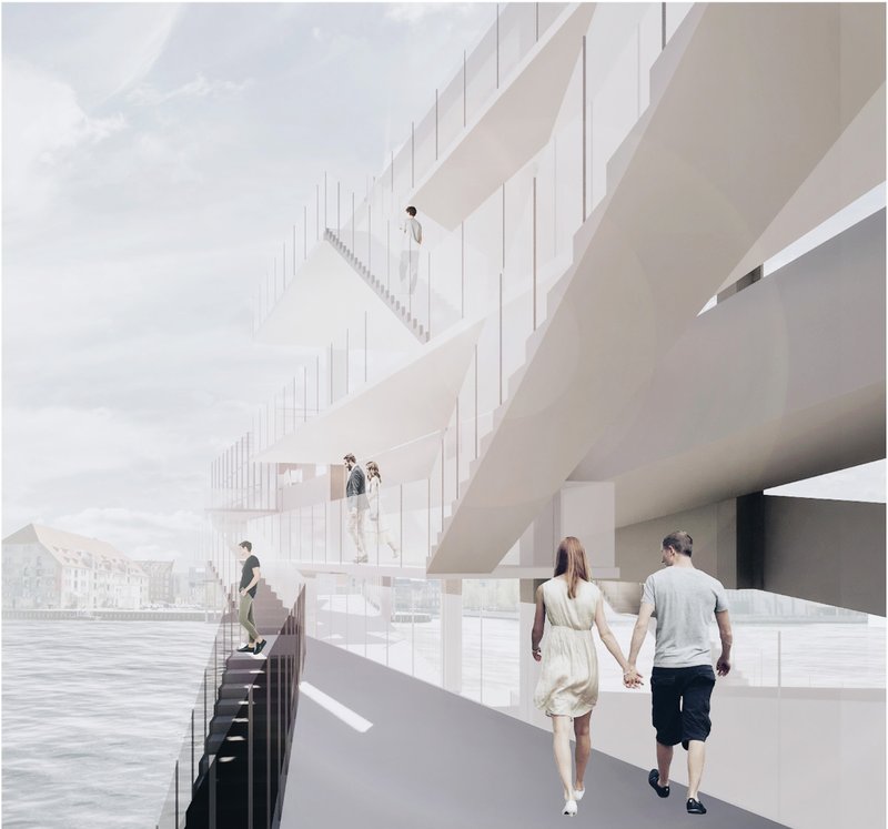 Terraced walkways overlooking the river transform infrastructure into civic experience.